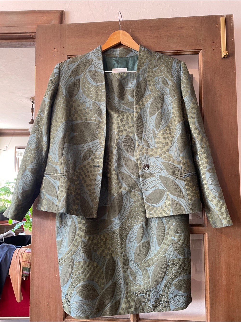 Italian Olive Leaf Jacquard Women's Jacket and Strapless Dress Set sz 12-14